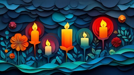 Poster - Joyful illustration of colorful lamps candles in a creative paper cut style surrounded by festive patterns and designs providing room for personalized text