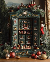 Canvas Print - Ornate green advent calendar with miniature scenes and decorations.