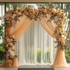 Sticker - Peach and cream flower archway with sheer fabric drapes in front of a window.