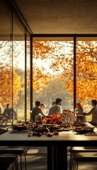 Wall Mural - People gathered around a table in a modern dining room with large windows overlooking an autumnal scene.