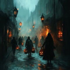 Wall Mural - People in hooded cloaks walk down a misty street with lanterns and jack-o'-lanterns.