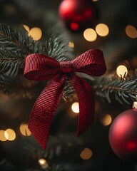 Wall Mural - Red bow on a Christmas tree branch with warm lights in the background.