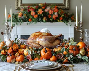 Wall Mural - Roasted turkey with fall decor on a Thanksgiving table.