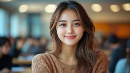 Smiling young woman in casual attire sitting in a bright classroom, ready for a study session, warm and inviting educational environment, modern university setting, cheerful student