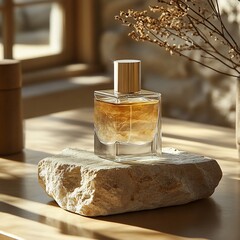 Poster - Minimalist perfume bottle polished natural stone soft light casting delicate shadows The luxurious design of the fragrance bottle stands out in contrast to the organic texture of the stone