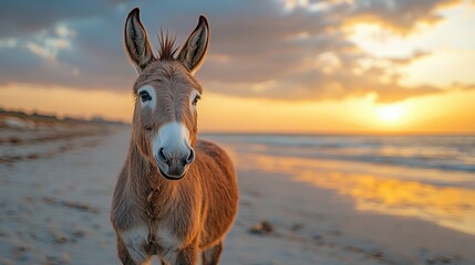 Cute donkey standing on a beach at sunrise, sandy shores and colorful sky, peaceful scene of nature and animal at seaside, calm morning atmosphere, charming coastal landscape