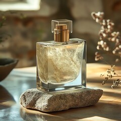 Poster - Minimalist perfume bottle polished natural stone soft light casting delicate shadows The luxurious design of the fragrance bottle stands out in contrast to the organic texture of the stone