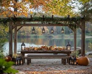 Poster - Rustic outdoor dining table set with lanterns and pumpkins under a pergola overlooking a lake.