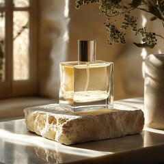 Poster - Minimalist perfume bottle polished natural stone soft light casting delicate shadows The luxurious design of the fragrance bottle stands out in contrast to the organic texture of the stone