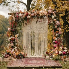 Poster - Rustic wooden wedding arch decorated with floral garland, macrame and rug.