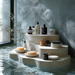 Poster - Minimalist podium organic textures featuring a variety of cosmetic products The podium is surrounded by flowing water and smooth pebbles creating a natural and refreshing environment