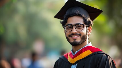 Canvas Print - A man wearing a black graduation cap and gown is smiling for the camera