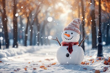 Wall Mural - Snowman in winter clothes on park background