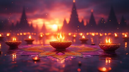 Poster - Minimalistic Diwali backdrop featuring vibrant rangoli design in warm oranges and yellows golden diyas at the corners and a gradient purple background fading into soft pink hues