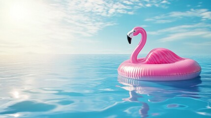 Poster - A pink flamingo floats on a pool of water
