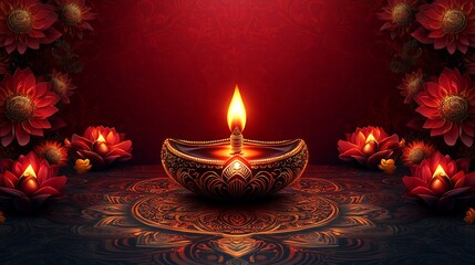 Poster - Richly detailed vector background featuring Diwali patterns of rangoli diyas ornate floral designs in golden shades set against a deep red A clean space is reserved for a celebratory message