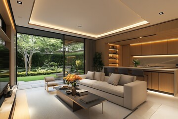 Modern living room with garden view and stylish decor.