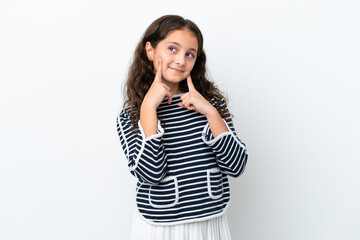 Little caucasian girl isolated on white background smiling with a happy and pleasant expression