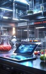 Artificial intelligence analyzing nutritional data on a digital tablet in a food lab, AI in nutrition, data driven food technology