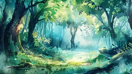 Sticker - A painting of a magical forest with sunlight shining through the trees.