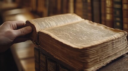 Poster - A Hand Reaches for a Large, Old, Open Book in a Library