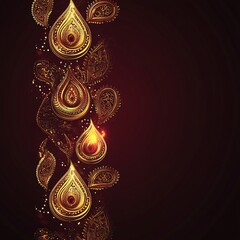 Poster - Stylish Diwali festival banner featuring shimmering gold diyas intricate paisley designs on a deep burgundy background providing ample text space for warm wishes and festive greetings