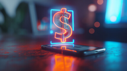 Poster - dollar sign augmented reality hologram over a smartphone on the table, digital money economy, online business transactions concept