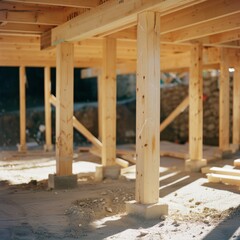 Sunlight warms the unfinished wooden beams of a construction site, highlighting the new beginnings of a shelter-taking shape under a clear sky.