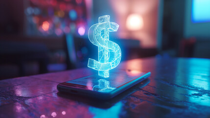 Poster - dollar sign augmented reality hologram over a smartphone on the table, digital money economy, online business transactions concept