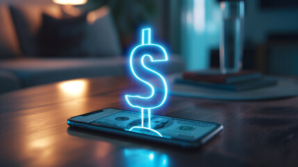 dollar sign augmented reality hologram over a smartphone on the table, digital money economy, online business transactions concept