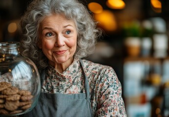 Canvas Print - Woman with glasses and a surprised expression is looking at a jar. scene is set in a kitchen, with a dining table. plump, cheerful woman with curly gray hair, wearing a floral apron, looks shocked