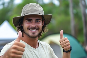 Canvas Print - Man in a jacket is smiling and giving a thumbs up. He is surrounded by tents and trees, giving the impression of a camping trip. Man giving a thumbs up, full body, camping, and a scenic outdoor