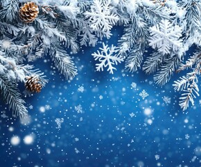 snowflakes falling on snowy pine tree branches with blue background