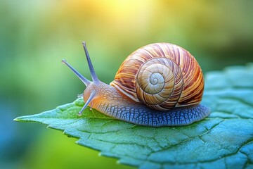 Snail crawling on green leaf in summer garden