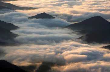 Wall Mural - Aerial view of sunrise with sea of clouds at Odosan Mt near Hapcheon-gun, Korea.