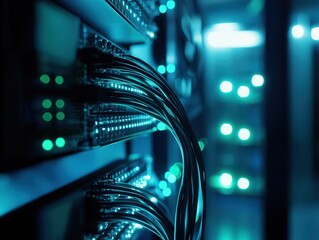 fiber optic cables elegantly intertwine among high-tech servers in a modern data center, illuminated with soft blue and green lighting, creating a futuristic tech environment