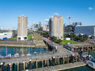 Aerial: Silo park in Wynyard quarter looking back towards Auckland city, New Zealand