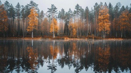 Sticker - Autumn Reflections on Calm Lake Surrounded by Trees