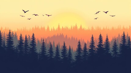 Poster - Silhouetted Pine Forest with a Sunset and Birds Flying