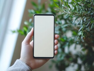 hand elegantly gripping a sleek smartphone displaying a pristine white screen mockup, set against a minimalist backdrop, emphasizing modern technology