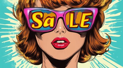 Wall Mural - The sale sign is reflected in the woman's glasses. Comic book pop art style