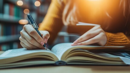 Poster - A Close-Up of a Person Writing in a Book with a Pen