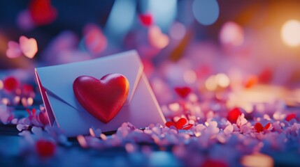 Poster - White Envelope with Red Heart on a Bed of Pink Hearts