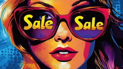 Wall Mural - A vibrant comic book illustration featuring a character with bold glasses reflecting the word Sale, set against a colorful backdrop