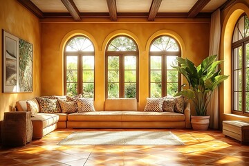 Cozy living room with large windows and natural light.