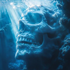 Poster - Underwater luminous blue skull ghost face with an open mouth creates a haunting scene a long water trail following it Sunlight pierces through adding an air of mystery and intrigue