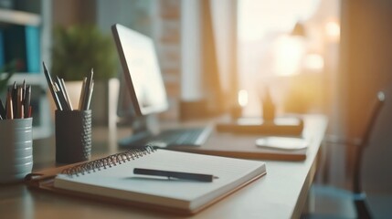 Poster - Open Notebook with Pen on a Desk with Blurred Computer and Pencils