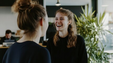 Co workers laughing and talking in a modern workspace, minimal background focusing on their interaction.