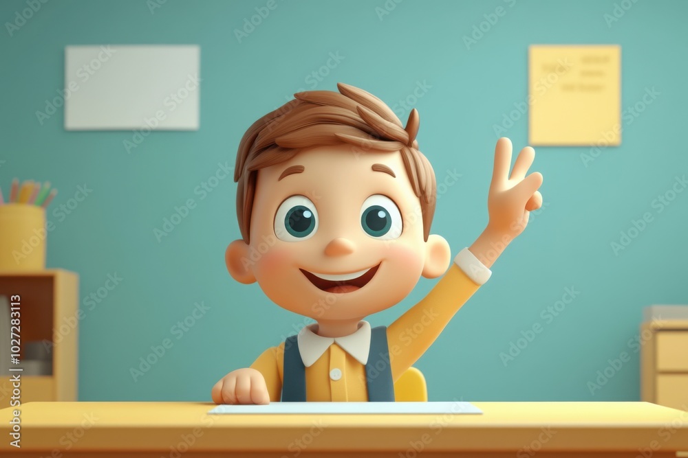 Schoolboy sitting at a school desk with his hand up in the air, funny ...
