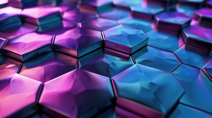 Iridescent hexagon pattern. Abstract background with a repeating pattern of iridescent hexagonal tiles. The reflective surface creates a captivating visual effect.